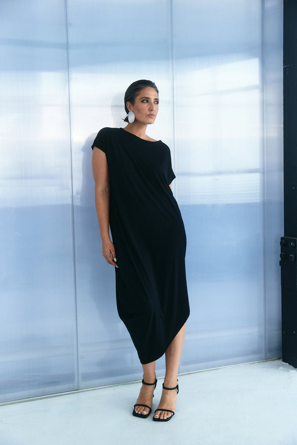 Bamboo Asymmetric Dress- Black - Tluxe