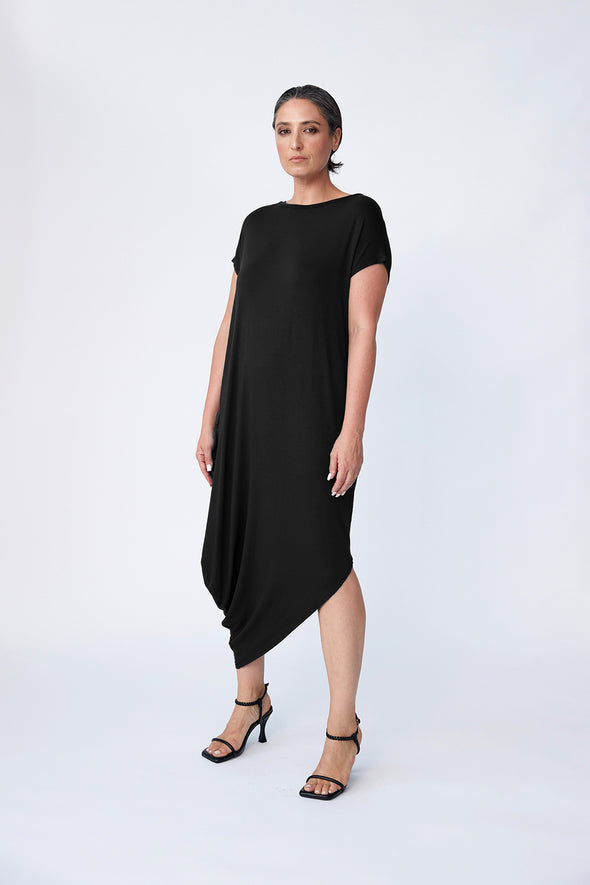 Bamboo Asymmetric Dress- Black - Tluxe