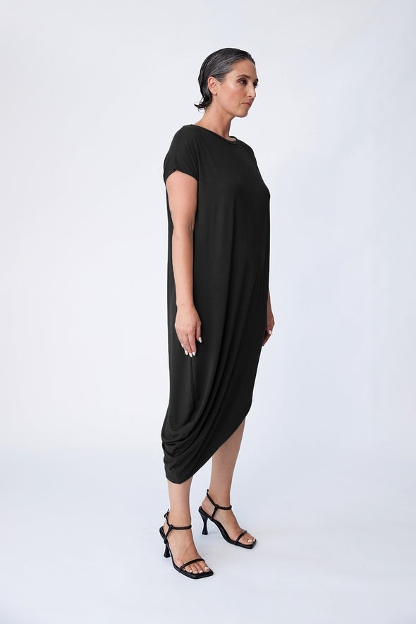 Bamboo Asymmetric Dress- Black - Tluxe