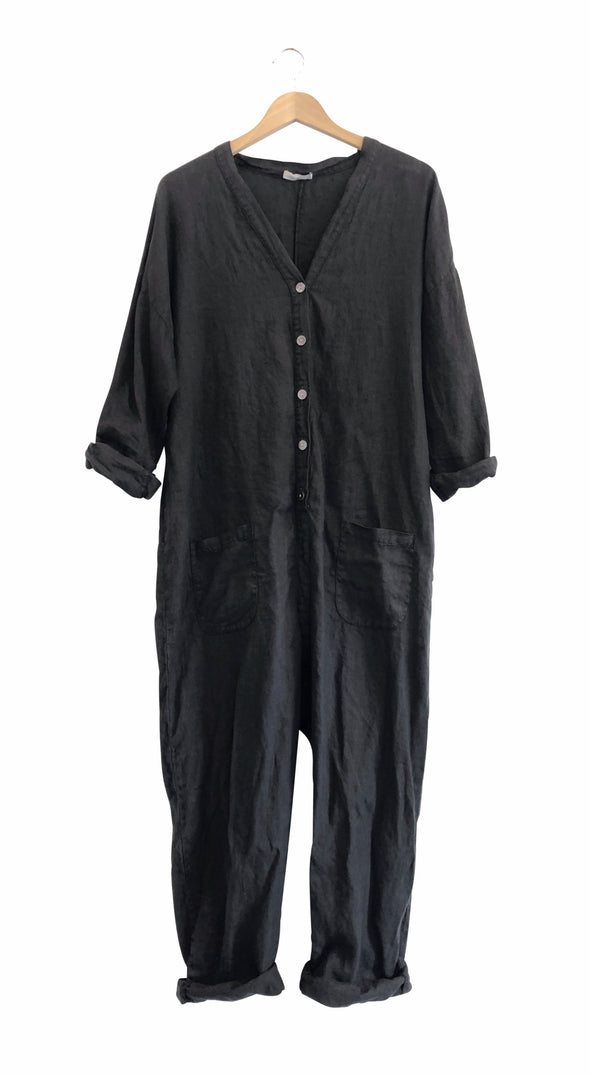 LINEN UTILITY SUIT - BLACK - Tluxe